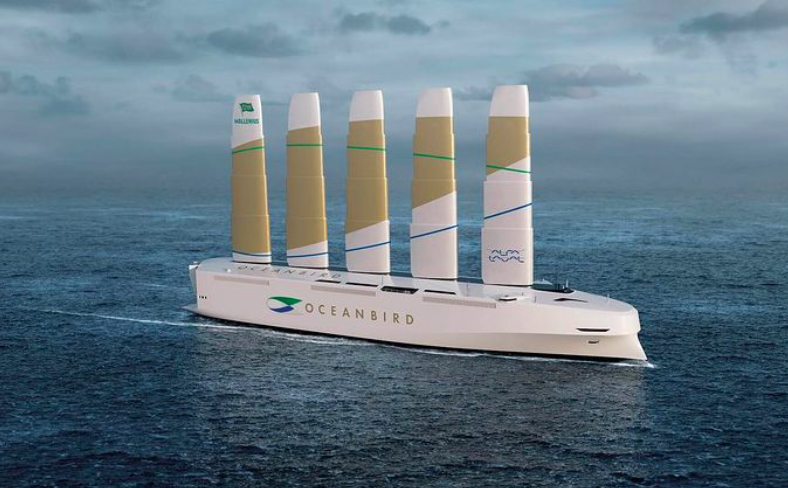 FourWordPodcast's tweet photo. @WalleniusMarine, Sweden, is turning the design clock back &amp; creating 'a sleek white model of an "@_Oceanbird_ automobile carrier.' Equipped with wing sails reaching 105 metres above the water', it may be the tallest ship ever built &amp; aims to lower carbon emissions up to 90%. https://t.co/BRigRChfUA