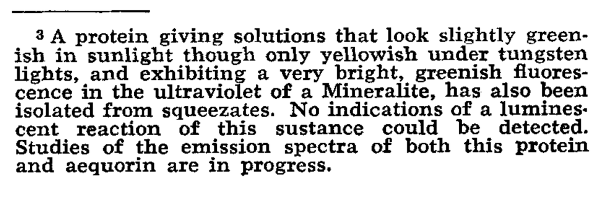 joachimgoedhart's tweet photo. The omnipresent Green Fluorescent Protein was just a footnote when it was first reported by Shimomura et al, now 60 years ago:
(source: https://t.co/KL9xz4VD2c) https://t.co/q8bkQMHHJO