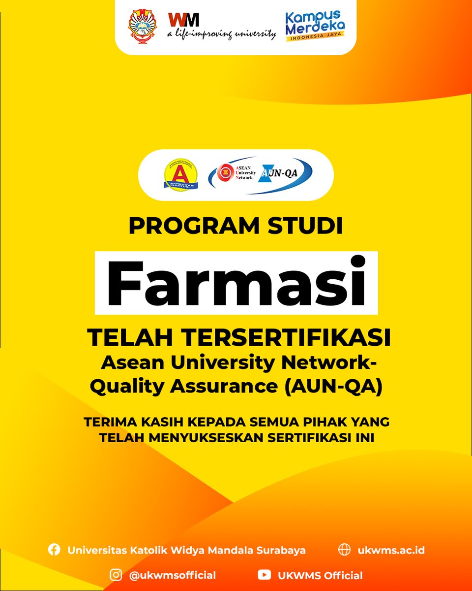 UKWMSofficial's tweet photo. PROFICIAT! Program Studi Manajemen, Teknologi Pangan, Farmasi dan Pendidikan Bahasa Inggris UKWMS telah tersertifikasi Asean University Network - Quality Assurance (AUN-QA)

Terima kasih kepada semua pihak yang telah menyukseskan sertifikasi ini 👏

#UKWMS #AUNQA https://t.co/5sRVWrGP0w