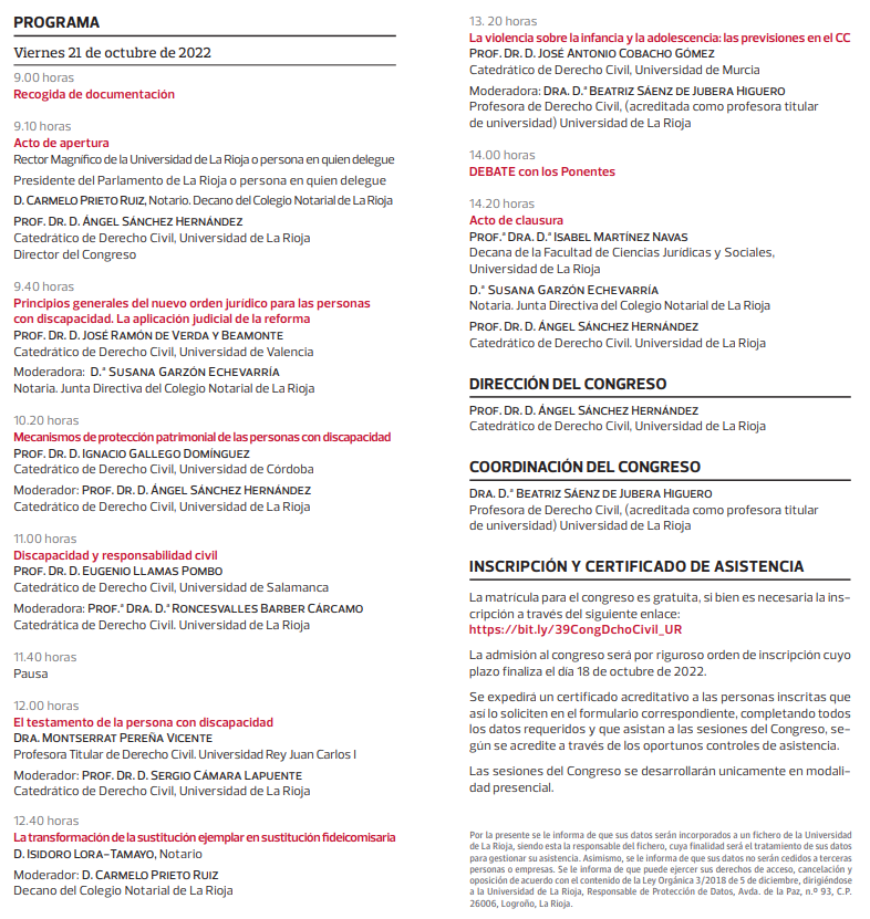 El próximo 21 de octubre celebramos en <a href="/unirioja/">Universidad de La Rioja</a> el Congreso "Las personas con discapacidad, sistema de apoyos. La protección integral de la infancia y adolescencia. La reforma de la legislación civil".
Inscripciones hasta el 18 de octubre 👉🏽forms.office.com/pages/response…