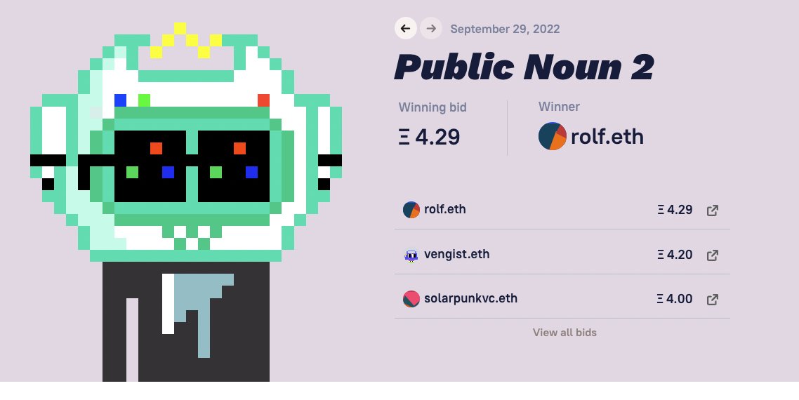 PublicNouns's tweet photo. The second Public Noun auction settled at 4.29 $ETH

There were 12 bids for PN2 (PN1 had 36 bids)

Welcome to Public Nouns DAO @RolfHoefer https://t.co/qUJ57B9wcY