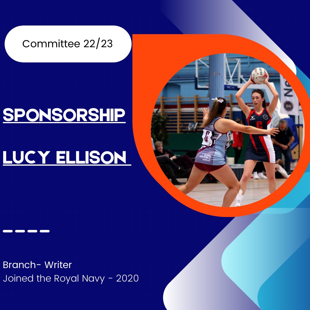 🌟 SPONSORSHIP 🌟 another newcomer, AB Lucy Ellison fulfilling the role of sponsorship rep this year after an amazing first season in 21/22. Favourite position- C Best netball memory - first interservices hosted by RN at HMS NELSON as her family got to see her represent RN💙