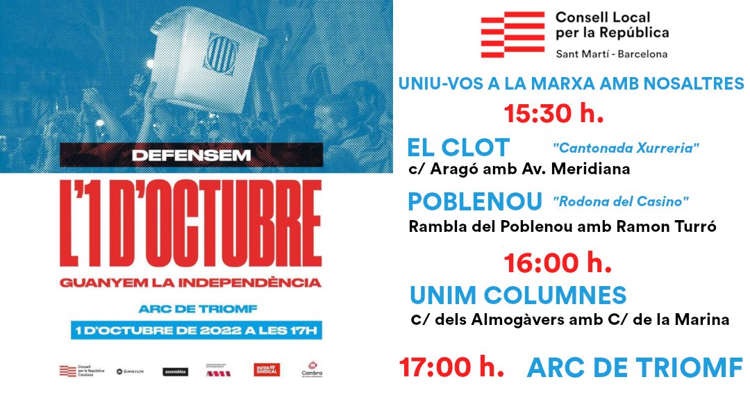 RE_SantMartiBCN's tweet photo. 🥁Des del @CLxR_StMartiBCN convoquem a les 15:30h per sortir des del #Clot i des del #Poblenou. 
Ens unirem a les 16:00h a Almogàvers amb Marina, i des d'allí fins #1octArcDeTriomf 
📣 NO HI FALTEU!!
@ConsellxRep #PreparemNos #DefensemL1Oct #1Oct #SantMartí #BCN https://t.co/BWNZfBUE4N