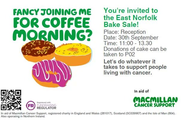 Today is the day!
It's the Macmillan Coffee Morning and we are hoping to raise lots of money for this fantastic charity. Thank you to those who have already donated sweet treats and we hope to see you all in Reception!
