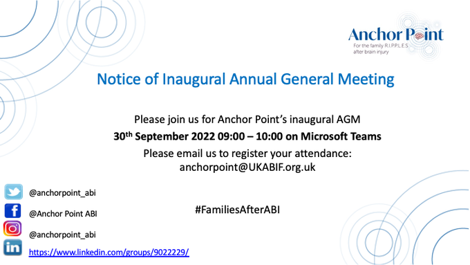 Today is our inaugural Annual general meeting. Our vision 'A world where families live their best lives with ABI'. <a href="/CJWhiffin/">Charlie</a> 'we are strategic influencers to drive change to improve the lives of families after ABI' @Mark_HollowayHF <a href="/dralysonnorman/">Alyson Norman</a> <a href="/tracynorrisevan/">Tracy Norris-Evans</a>