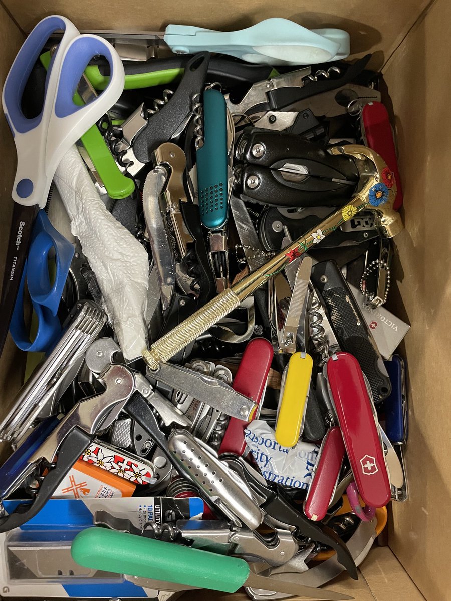 A look into a box of prohibited items that ⁦@TSA⁩ officers have detected at the ⁦@FLYIthaca⁩ security checkpoint recently. Unsure if an item can be carried onto your flight? Tweet your question to @AskTSA.