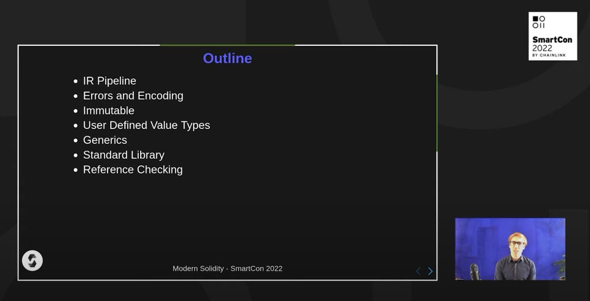 Want to get up to speed with Modern Solidity? Then check out @ethchris' remote presentation for #SmartCon, which covers IR pipeline, errors and encoding, immutable, user defined value types, generics, standard lib and reference checking! #xp 📺: youtu.be/j8esg5KHMv0?li…