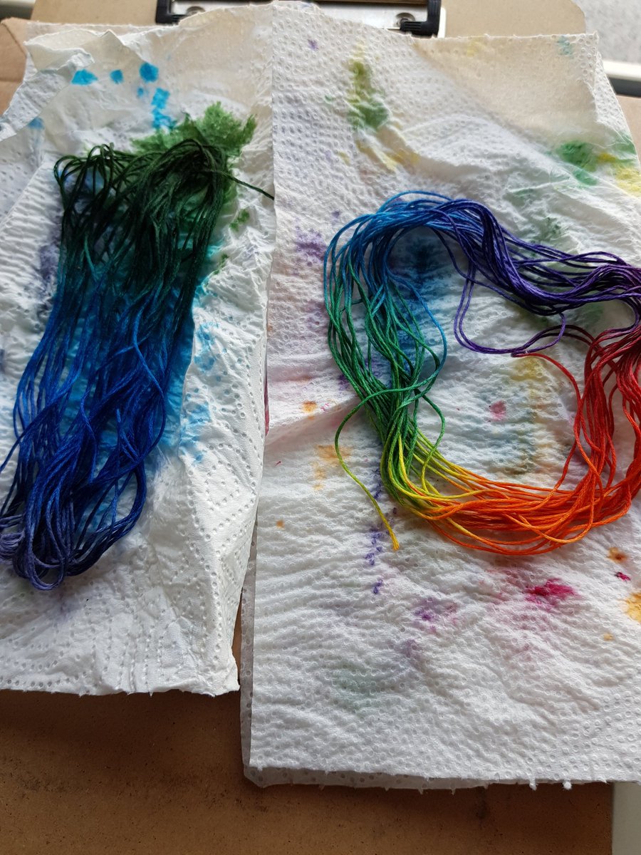 #Dyeing some #EmbroideryFloss. First time trying, neither enthused nor disappointed. The #Green in the #Rainbow ran a bit and the #MarabuDyes I used were rather unpredictable in the colour and opacity, but now I know to give them a good swatch before my next attempt.