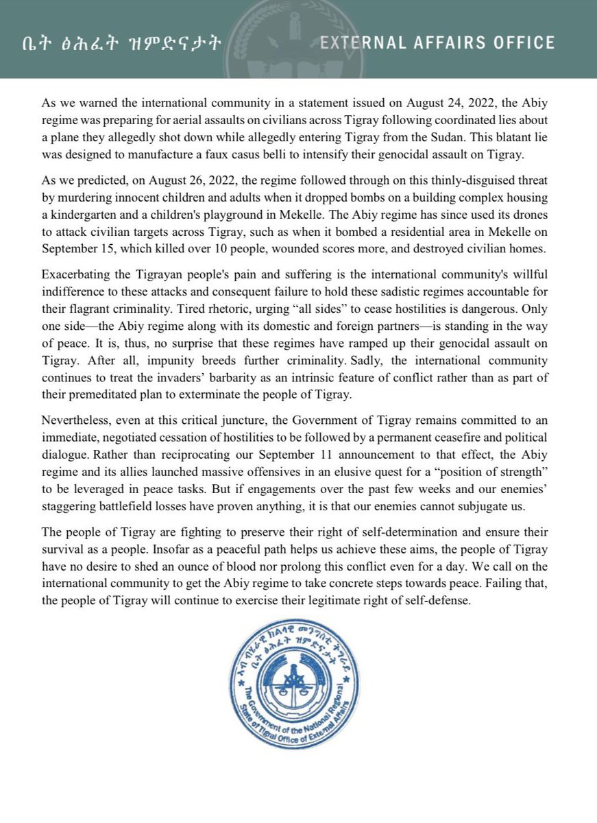 KassaHMariam's tweet photo. Government of Tigray External Affairs Statement on the Abiy & Isaias Regimes' Aerial Terrorism and Contempt for Peace @JakeSullivan46 @SenatorMenendez @JosepBorrellF @RepGregoryMeeks @ChrisCoons @ChrisVanHollen @SenatorCardin @SenatorRisch @SenatorRounds @SecBlinken @USAmbUN https://t.co/cfc9NUaAKa