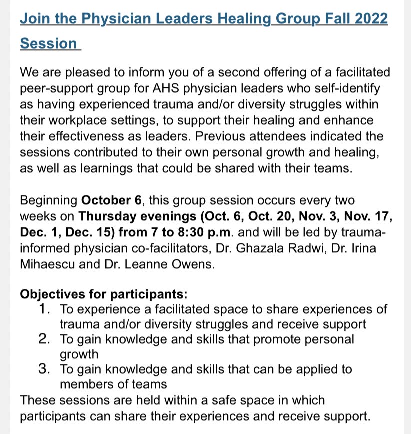 KimKellyMD's tweet photo. I am leading an AHS initiative - the AHS Physician Leaders #Healing Group. Please msg me for the reg link. Starts Oct. 6 #traumainformed #physicianleaders #equity #diversity #struggles #expert co-facilitators #posttraumaticgrowth https://t.co/YliFD4GOGy