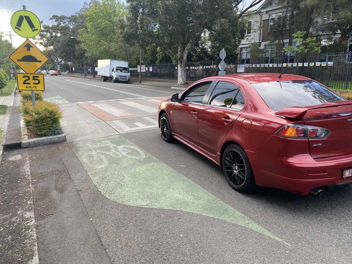 Todays entrant in the worlds shortest bike lane comes from outside Mascot Public School in Sydney. And what’s with the weird pointy green paint?