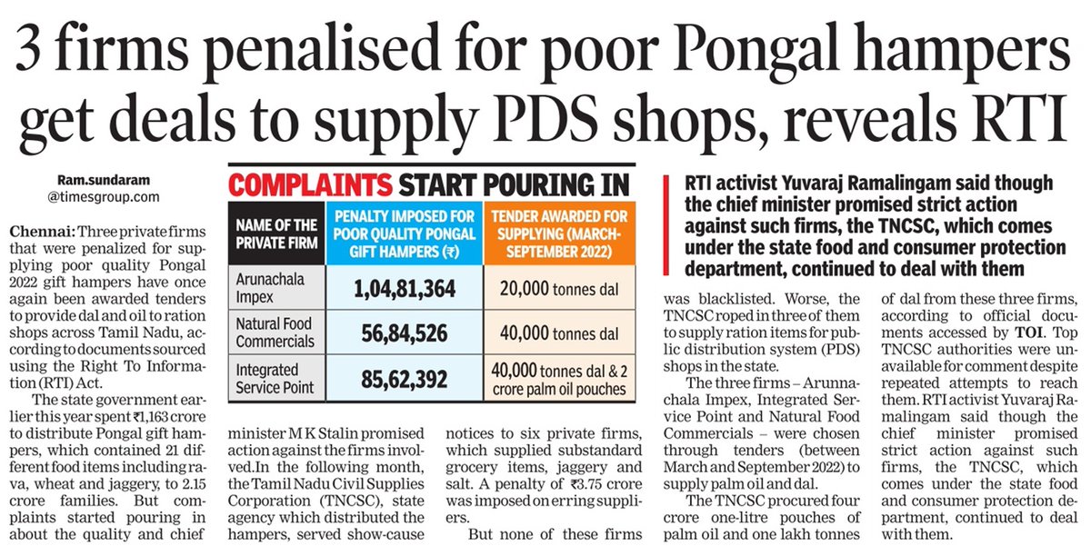 ramsundaramTOI's tweet photo. Three private firms that were penalized for supplying poor quality Pongal 2022 gift hampers (groceries, jaggery and salt) have once again been awarded tenders to provide dal and oil to ration shops across Tamil Nadu, according to documents sourced using RTI Act @TOIChennai #PDS https://t.co/R9Z6piveoM