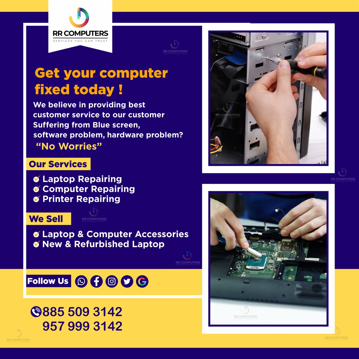 RR_Computers's tweet image. We Are Experts

Laptop&amp;amp; Computer Repairing in Nashik

Our Services:
Laptop Repairing
Computer Repairing
Printer Repairing

We Sell :
Laptop &amp;amp; Computer Accessories
New &amp;amp; Refurbished Laptop

Contact Us On :
📲 9579993142
📲 8855093142

#RRComputers #ComputerSalesandService #nashik