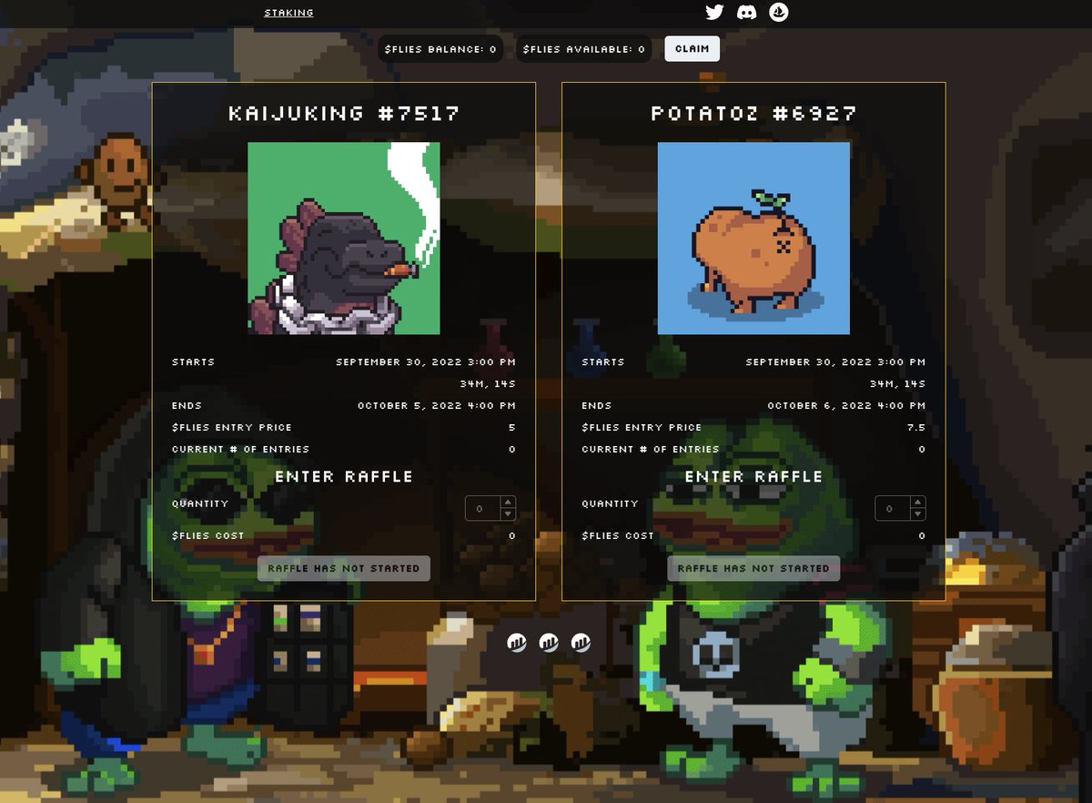 WorldofPepeNFT's tweet image. Our first 2 raffles on Pepe's Black Market are going live in 30 mins! 🪰🐸

Market: worldofpepe.xyz/market

Buy as many tickets as you'd like! 🎟️💰