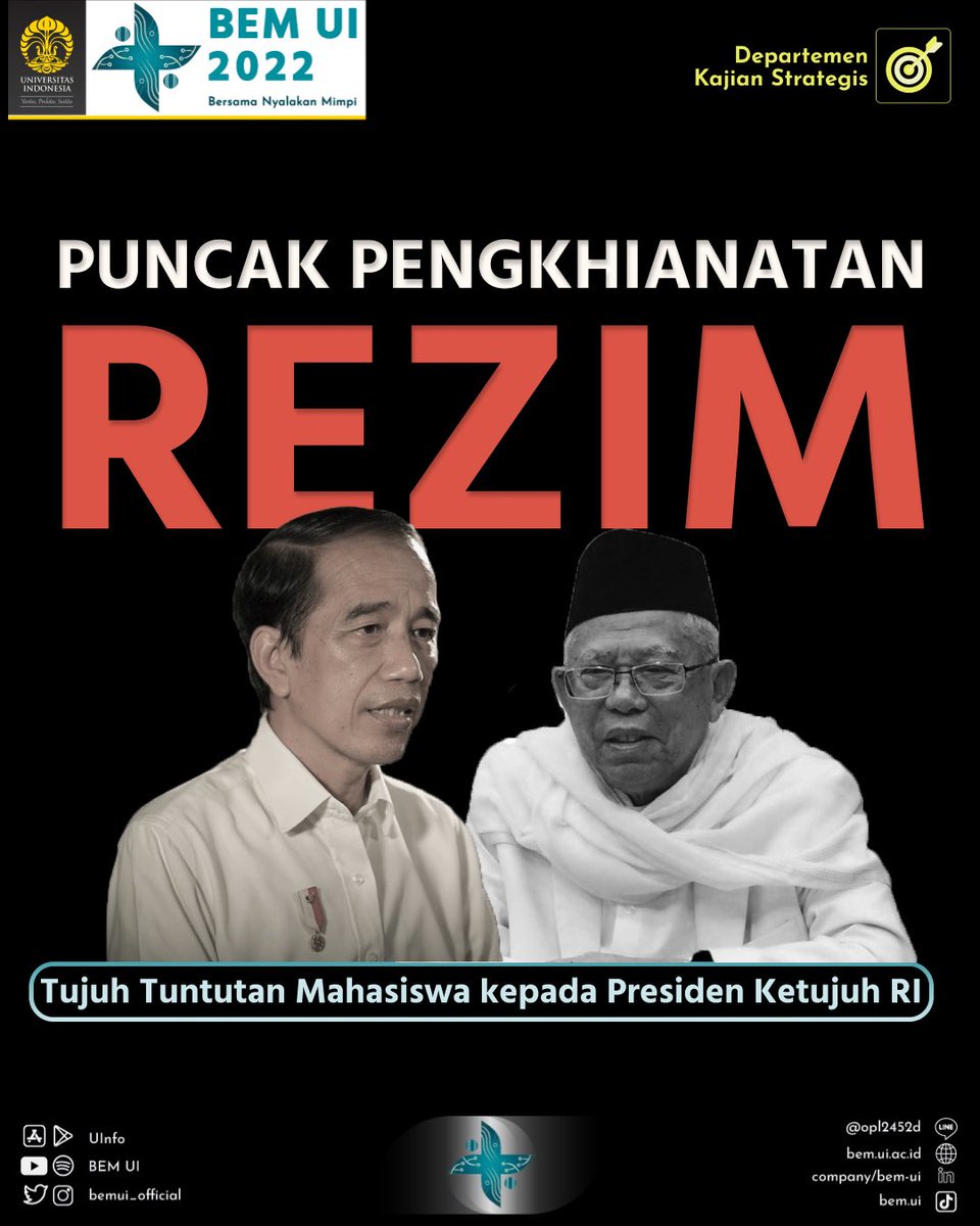 BEMUI_Official's tweet photo. PUNCAK PENGKHIANATAN REZIM: TUJUH TUNTUTAN MAHASISWA https://t.co/jIbj8zxloC