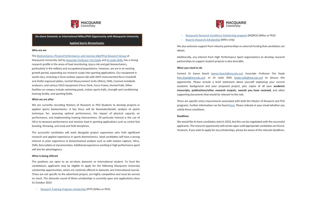 BioPPEx Research Group (@bioppex_mq) on Twitter photo Have an interest in #biomechanics #research within high #performance #sport? Come & join the #BioPPEx Research Group <a href="/Macquarie_Uni/">Macquarie University</a> & complete a MRes/PhD. Scholarships available. High performance sport partnerships welcome. <a href="/JodieAWills/">Jodie Wills</a> <a href="/tladoyle/">Tim Doyle</a> #AcademicTwitter #AcademicChatter Have an interest in #biomechanics #research within high #performance #sport? Come & join the #BioPPEx Research Group <a href="/Macquarie_Uni/">Macquarie University</a> & complete a MRes/PhD. Scholarships available. High performance sport partnerships welcome. <a href="/JodieAWills/">Jodie Wills</a> <a href="/tladoyle/">Tim Doyle</a> #AcademicTwitter #AcademicChatter