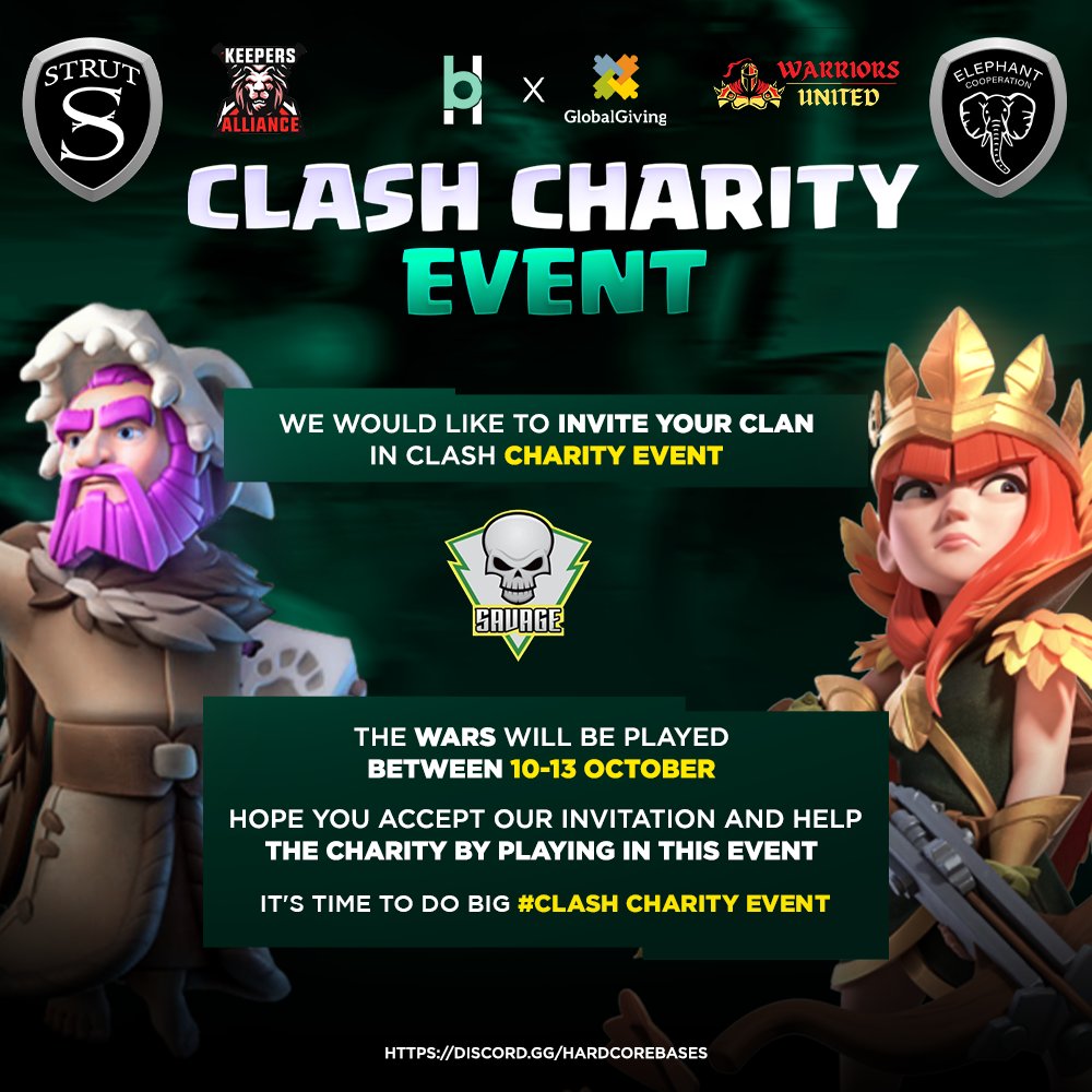 Hey <a href="/AZ__coc/">Savage E-Sports</a>

You guys are invited to Clash Charity Event 💛

Hope you accept our request 💪

For more information join
👉 discord.gg/hardcorebases