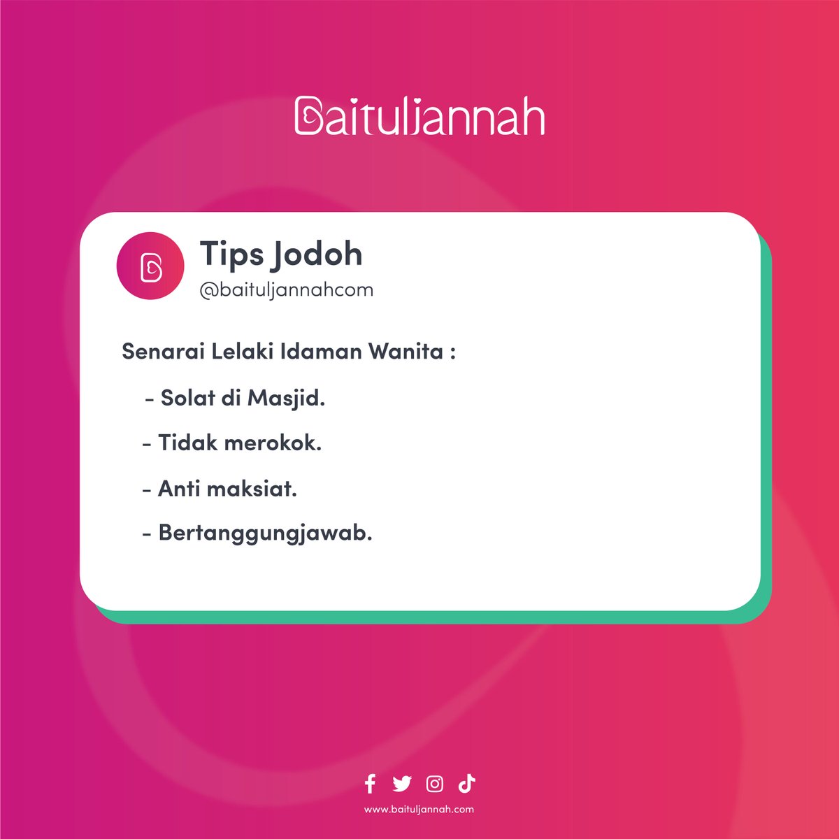 baituljannah_MY's tweet photo. #TipsJodoh
BangMin yakin ada ciri-ciri ini dalam diri lelaki bujang kat https://t.co/YvVzlKxPQU https://t.co/uV5ssS4Xjy