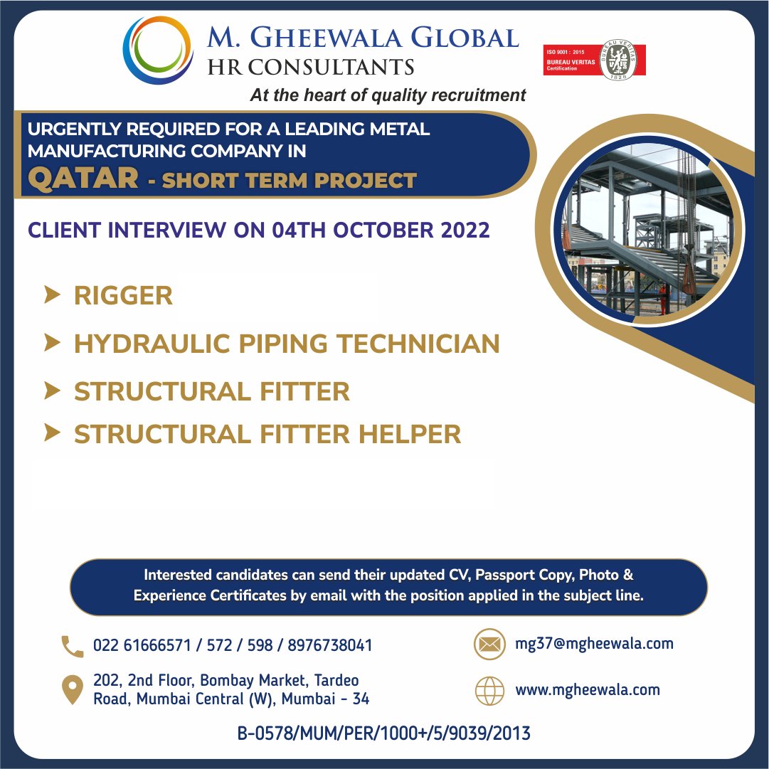 mgheewala_hrc's tweet photo. Job Vacancies for #qatar
Interested Candidates can send the updated resume to mg37@mgheewala.com
Learn More https://t.co/Ps4bxvjpD1
#qatarijobs #manpower #rigger #hydraulicpipingtechnician #structuralfitter #structuralfitter #helper #shortterm https://t.co/5LXOQweo37