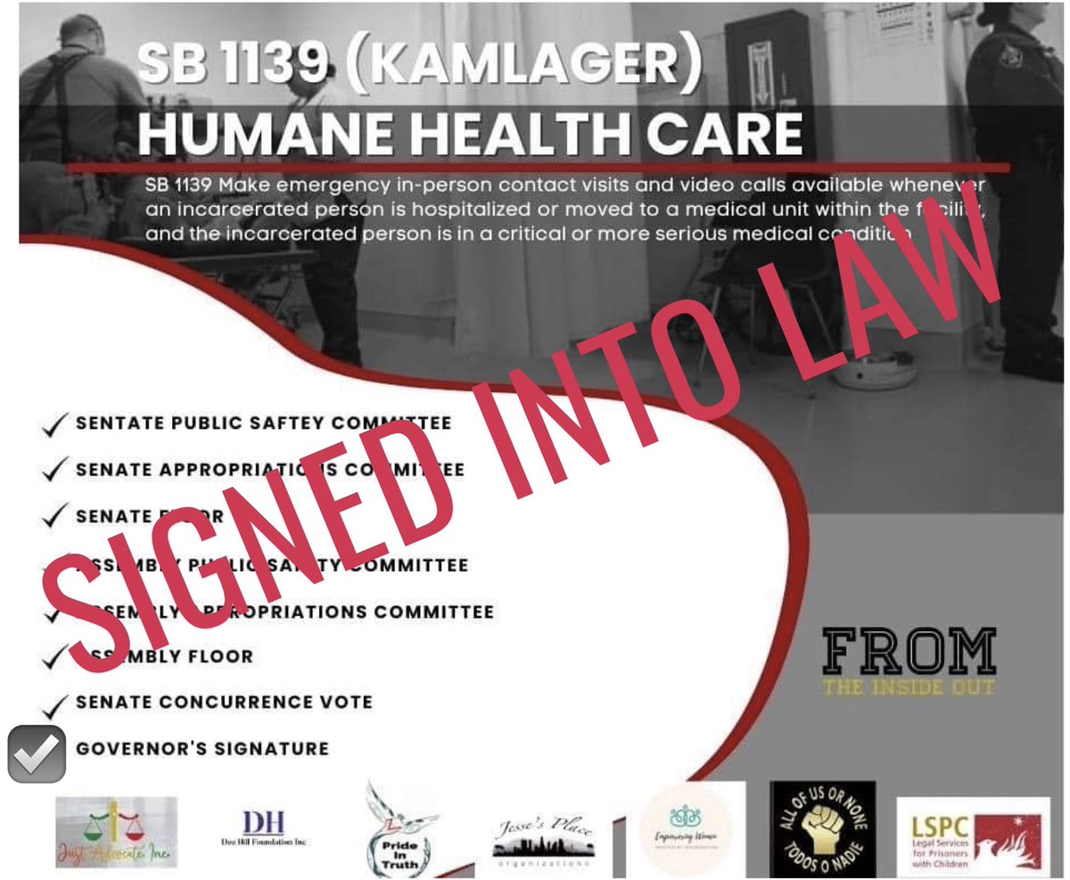 jessesplaceorg's tweet photo. @sydneykamlager Wake up!!!  🎉🎉🎉🎉 We are victorious @PrisonFTIO_inc 💙 SB1139 ✍🏻

The full list of bills the Governor announced signing can be found below: SB 1139 by Senator Sydney Kamlager (D-Los Angeles) – Prisons: visitation. https://t.co/7Z1As8QOis