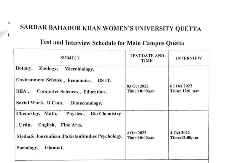 The test/Interview schedule for BS Admissions 2022 has been announced. Candidates must bring their original documents and CNIC at time of test and interview. Candidates without documents and CNIC will not be allowed to take the test.

#SBKQuetta #SBKWU #Admission2022 #test