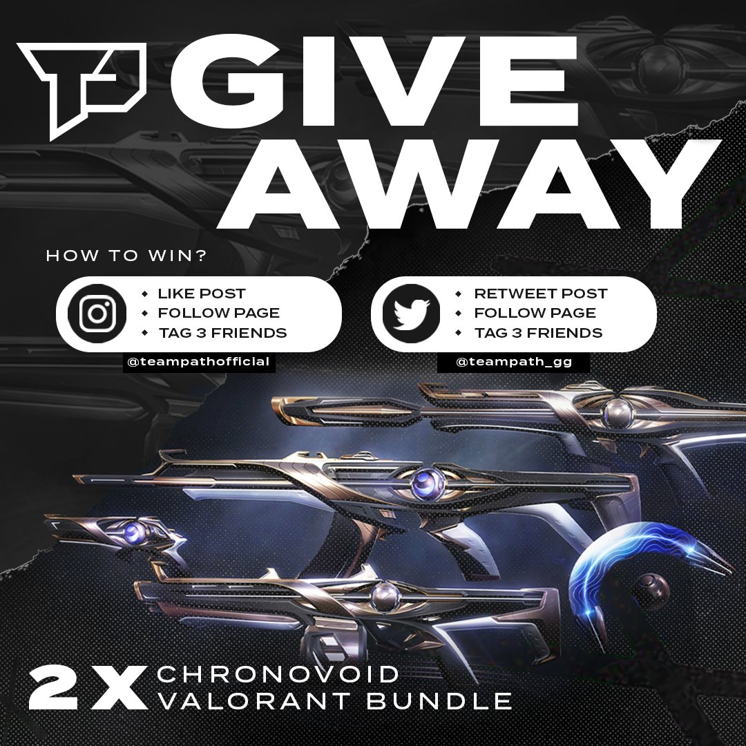 VALORANT CHRONOVOID BUNDLE GIVEAWAY!! 🔥

Here's how to enter: 

✅ Follow @teampath_gg
✅ RT &amp; Like
✅ Tag 3 friends 

2x winners will be announced 3rd October.

Don't miss out!

#OnePath #TeamPath #VALORANT #VALORANTGiveaway