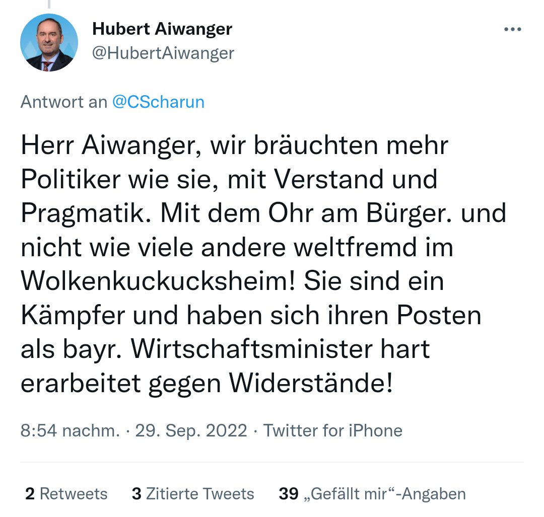 grouchig's tweet photo. @HubertAiwanger @CScharun Hoppla, haben Sie vergessen für das Eigenlob auf ein Sockenpuppen-Konto zu wechseln, Herr Aiwanger? https://t.co/mtBy0vp2aw