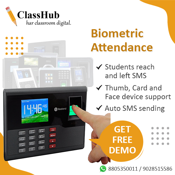 ClassHub_App's tweet image. Automate student and staff attendance with ClassHub biometric device integration feature.
Send auto SMS to parents on reach and left of student in your coaching class.
#studentmanagementsystem #classmanagement #attendancemanagement #attendancesystem #SMS #SmsAlert #ClassHub