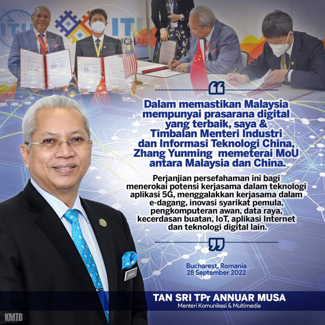 Semoga dengan kerjasama dan perkongsian teknologi bersama negara China akan mencorak transformasi komunikasi dan multimedia di Malaysia ke satu tahap yang lebih membanggakan. Tahniah Tan Sri <a href="/AnnuarMusa/">Annuar Musa</a> dan @kkmm_gov 

#KKOMM #KeluargaMalaysia
