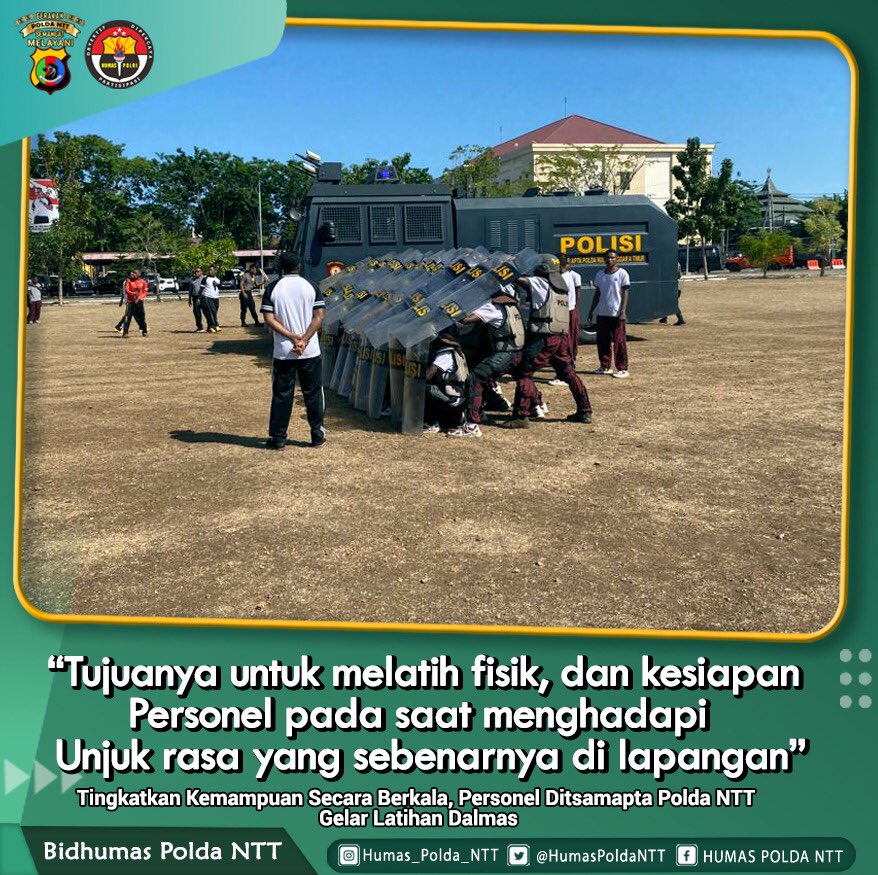 humas_polda_ntt's tweet photo. Sobat Humas Polri!
Tingkatkan kemampuan secara berkala, Personel Ditsamapta Polda NTT gelar latihan Dalmas guna melatih fisik dan kesiapn Personel dalam menghadapi Unjuk Rasa di Lapangan
#poldanttsemangatmelayani
#humaspoldantt
#ditsamaptapoldantt
#polripresisi
#humaspolda https://t.co/eHuXm4KFnh