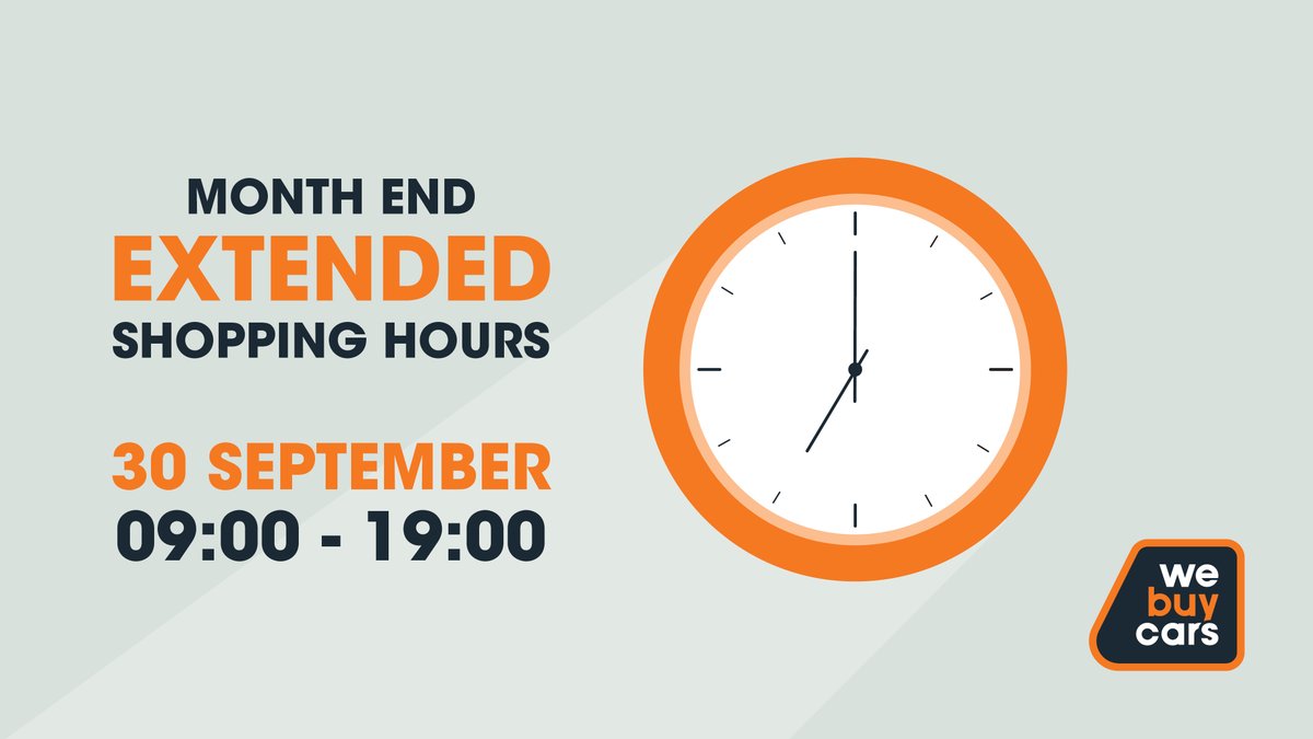 WeBuyCars_SA's tweet photo. We have extended shopping hours to make sure you have enough time to browse our wide variety of vehicles and find your dream car. Visit your nearest branch 09:00 to 19:00 this Friday.

#WeBuyCars #ClickYourNext https://t.co/fhT4qJv16V