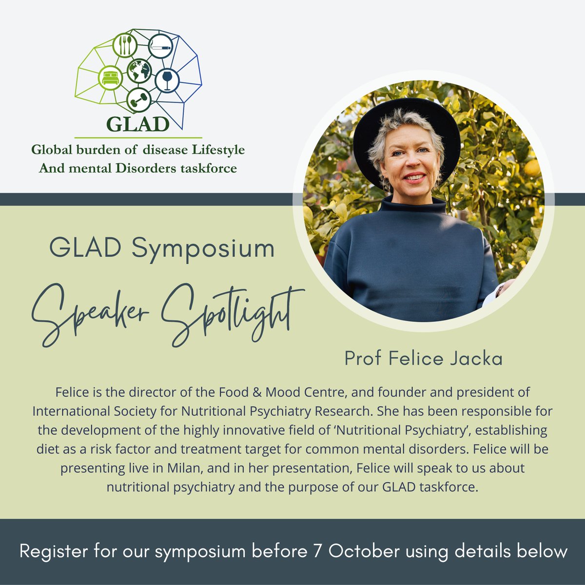 GLAD SYMPOSIUM SPEAKER SPOTLIGHT @FeliceJacka - co-director of Food & Mood Centre, founder & president of @_ISNPR. Responsible for developing the field of nutritional psychiatry, establishing diet as a risk factor for mental disorders. Register by 7 Oct foodandmoodcentre.com.au/glad-symposium…
