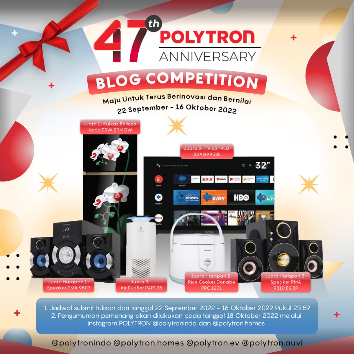 bloggercrony's tweet photo. #JumatBerkah Admin mau bagi info, nih buat #BCCSquad yang mau dapat hadiah barang elektronik dari POLYTRON! Cung, siapa mau? 🙋‍♀️🙋‍♀️ Baca thread ini sampai habis, ya! #PolytronBlogCompetition #47polytronanniversary #lombablog https://t.co/kDkeSbOGjE