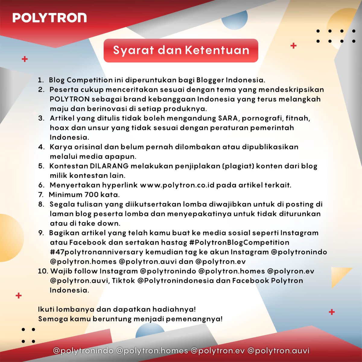 bloggercrony's tweet photo. Ini saatnya bagi #BCCSquad menunjukkan ide dan kreativitas di ajang Polytron Blog Competition dan raih produk Polytron impian kalian!

Sebelumnya, baca dulu dengan seksama syarat dan ketentuan lomba blognya 👇 #PolytronBlogCompetition #47polytronanniversary #lombablog https://t.co/1ubQsRcQmf