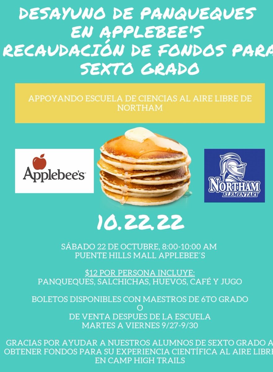 Aprilcmg1's tweet photo. @NorthamPride 6th graders are having a fundraiser to help pay for our #outdoorscienceschool with an @Applebees breakfast! Tickets are a available from your favorite Northam 6th grade students and teachers! Come on down on Saturday, October 22nd and support our Northam Knights! https://t.co/8dW8NPkqOf