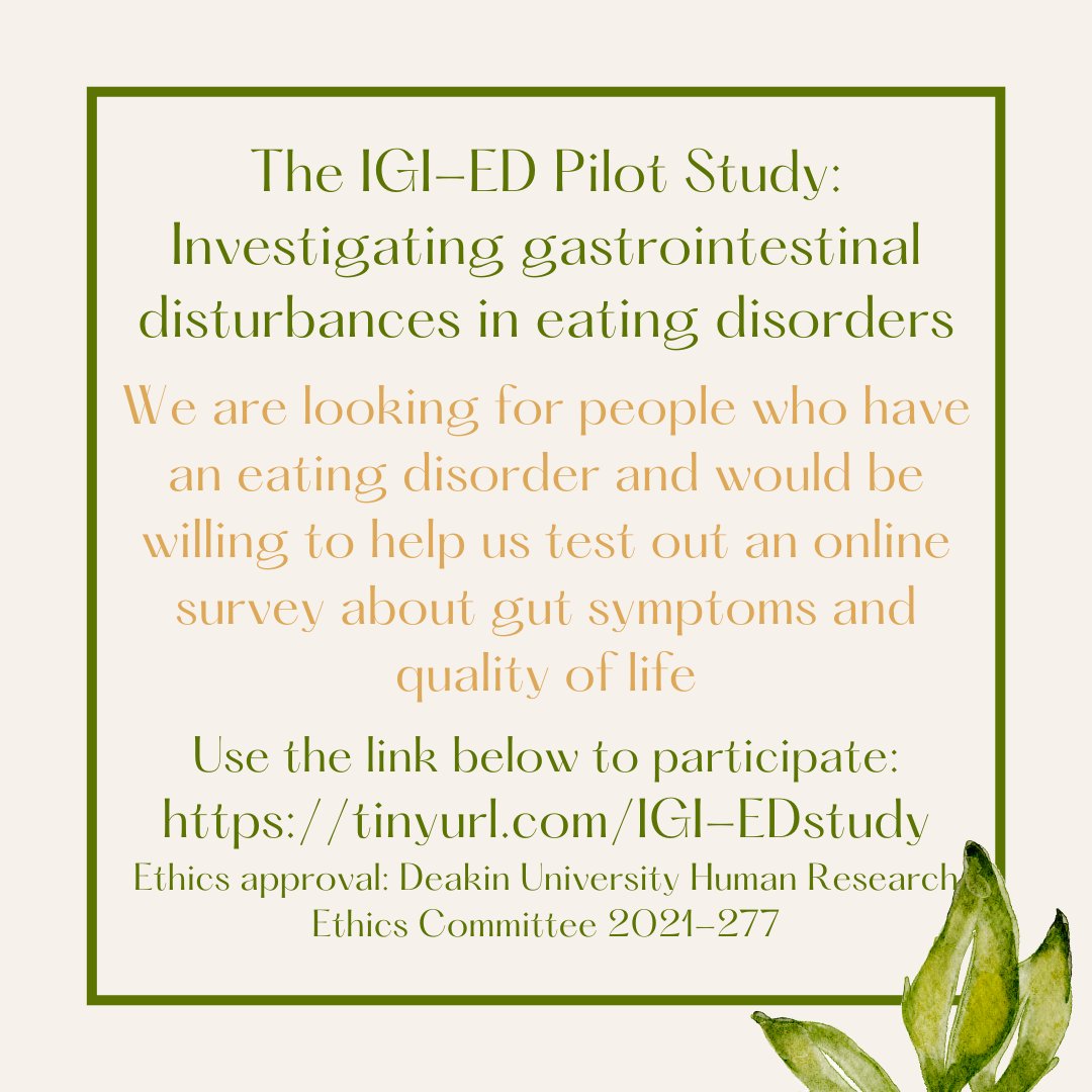 We are looking for 5 people who have been diagnosed with anorexia nervosa, bulimia nervosa, or atypical anorexia, who would be willing to help us test out an online survey about gut symptoms and quality of life. You can complete the survey anonymously tinyurl.com/IGI-EDstudy