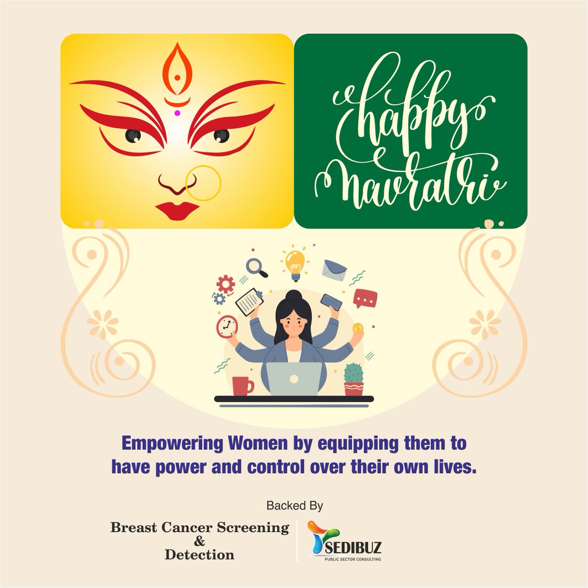#Navratri Day 5
Every Woman who awakens COURAGE  is DURGA. Every Woman who awakens TRANSFORMATION is KALI.
Every Woman who awakens DEVOTION is PARVATI. Every Woman who awakens NURTURING is Annapurna.

Backed by #Sedibuz #Healthcare- Breast cancer screening and detection.
