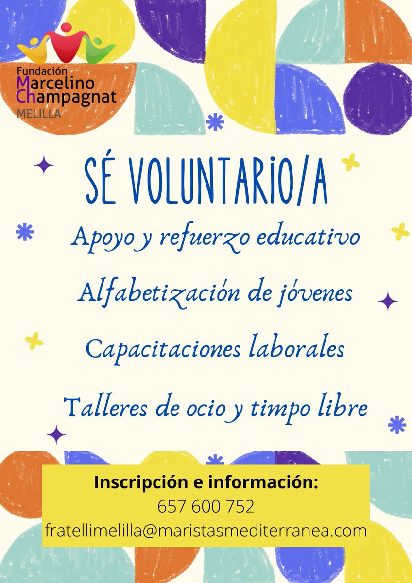 FundMChampagnat's tweet photo. En📍#MELILLA buscamos personas voluntarias y comprometidas 🤝🏽 para realizar apoyo y acompañamiento en las distintas formaciones que impartimos desde el #ProyectoFratelli 🏫
Si tienes ganas e ilusión, no dudes en contactar con nosotros. 👀⬇️
#esMÁS
#SONRÍE
#SomosMediterráneo https://t.co/J5l3Qepjrn