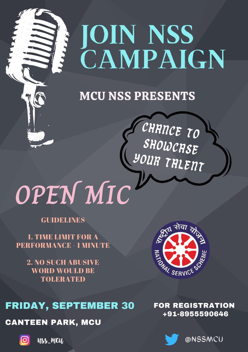 Nssmcu's tweet image. &quot;JOIN NSS CAMPAIGN&quot; के पांचवें दिन @mcu_bhopal परिसर में #openmic का आयोजन किया जा रहा है। आप गाइडलाइंस के अंतर्गत अपनी प्रतिभाएं जैसे की नृत्य, गायन, कविता पाठ, रैप, स्टोरी टेलिंग और स्टैंड अप की प्रस्तुति दे सकते हैं।
रजिस्टर करने के लिए संपर्क करें:- +91-8955590646