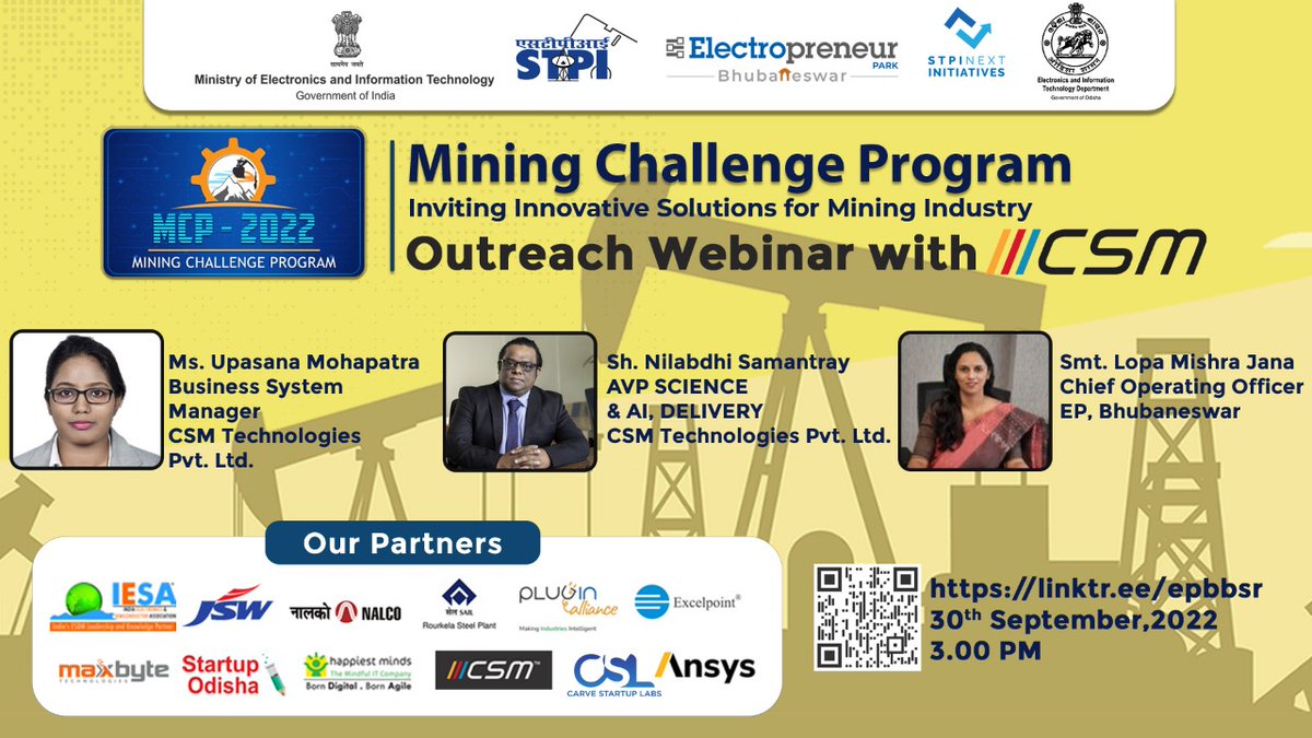 stpiepbbs's tweet photo. Join us today with our speakers Smt. Upasana Mohapatra, Business System Manager & Shri. Nilabdhi Samantray AVP Science & AI Delivery from @CSMTechnologies & Smt. Lopa Mishra Jana COO, EP Bhubaneswar, where they will be addressing a deep session onto the various problem statements https://t.co/M4MLc8q31E