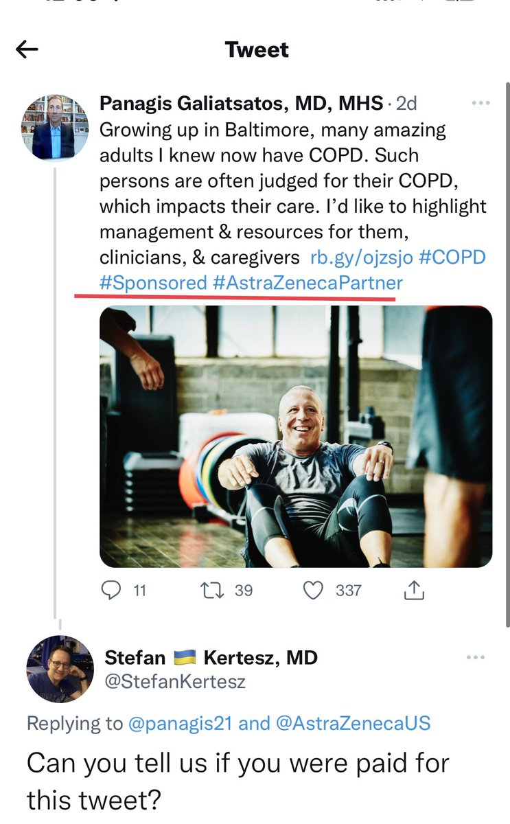 1/I want to highlight a new way selling out one’s academic profile- here a <a href="/JohnsHopkinsDOM/">Johns Hopkins Department of Medicine</a> doc has made his Twitter channel a “sincere” advertisement for an inhaler, “sponsored” by AstraZeneca

The false statement by the faculty member is concerning