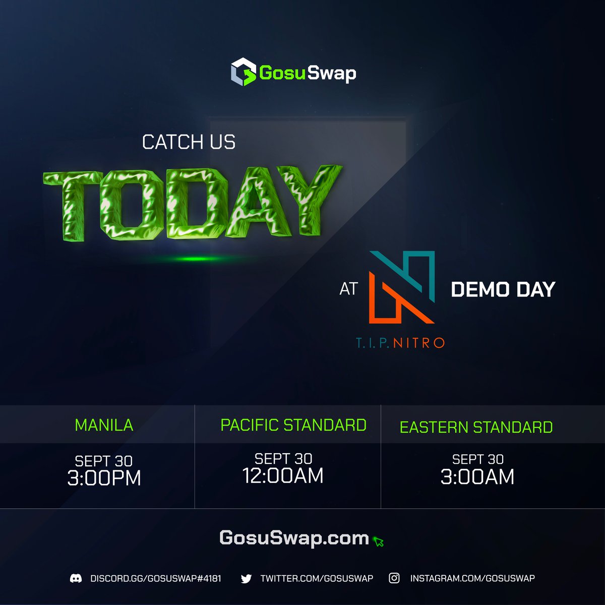 We’re back! Apart from building our all-new Gosu Swap platform, we are also working on our pitch presentation where you’ll get to know our true purpose 🤝

Join us later at the TIP Nitro  Demo Day!

Register now thru this link: tinyurl.com/BOOSTCohort4De…  

#TIPNitro #demoday