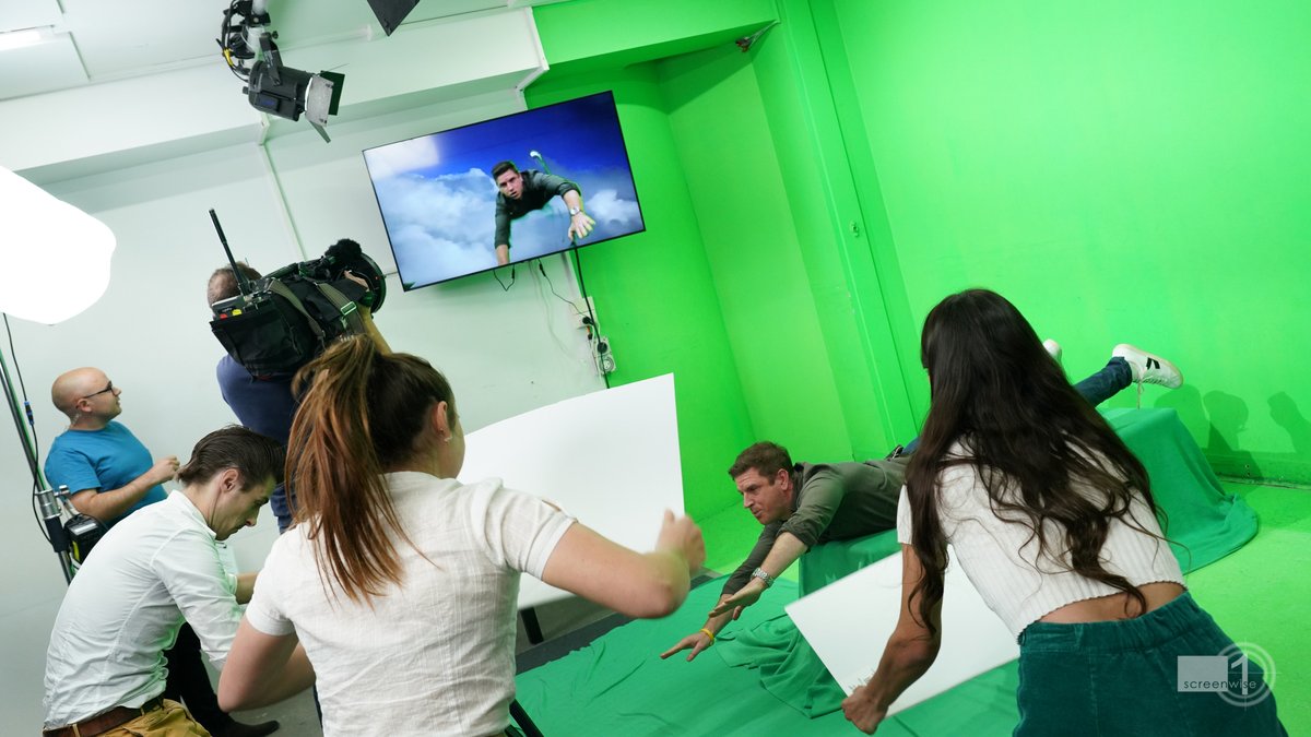 Screenwise's tweet image. #FlashbackFriday to the time Sunrise visited Screenwise and we took Sam Mac for a ride using our green screen🚀.