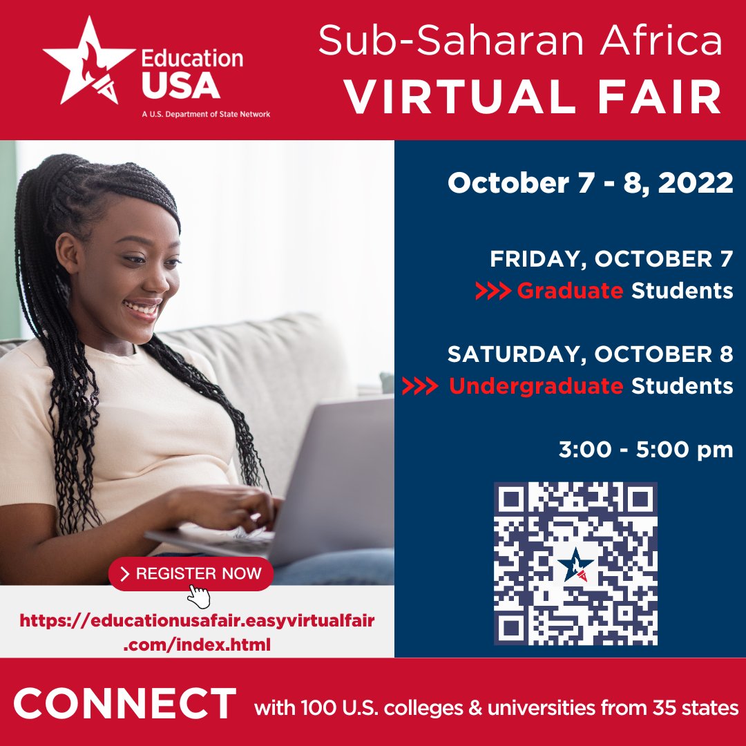 Come meet virtually with about 100 U.S. Colleges and Universities and learn about all the opportunities you can receive while studying in the U.S? 
Register today at educationusafair.easyvirtualfair.com/landing
 #educationusa #StudyWithUS #collegefair #collegeadmissions #virtualfair