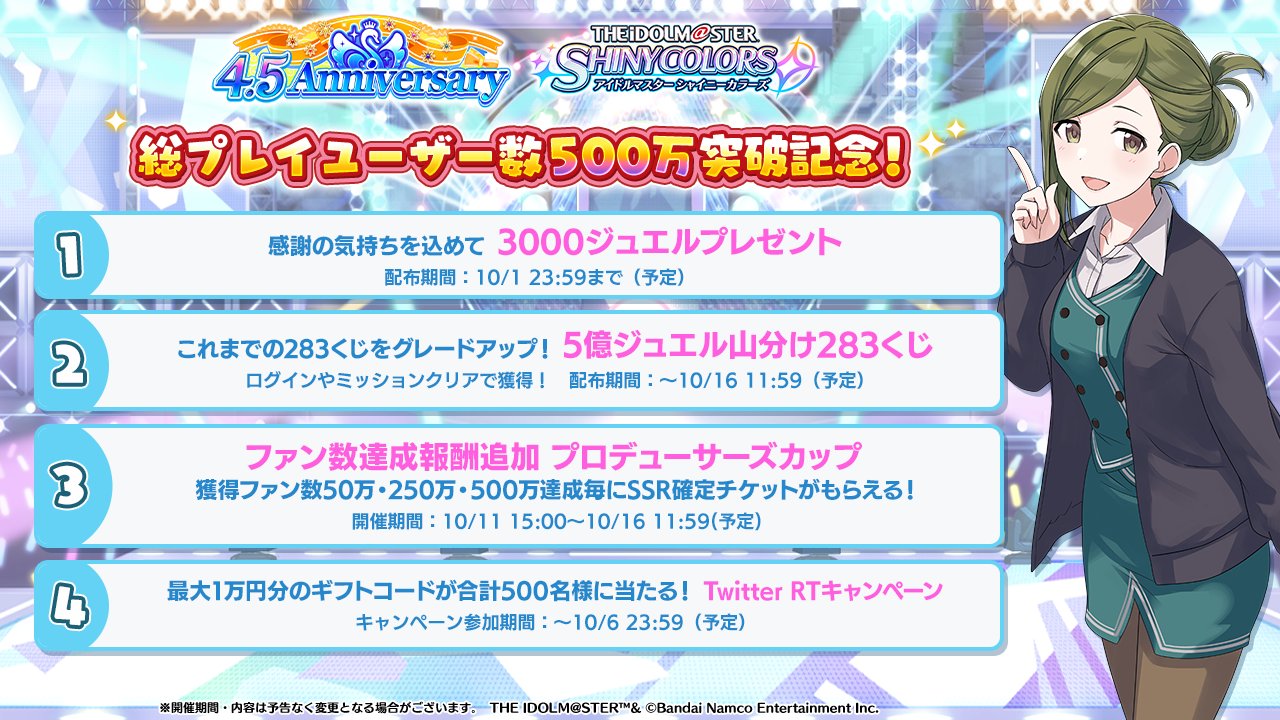 アイドルマスター シャイニーカラーズ公式 プロデューサーさんに 感謝を込めて シャニマス4 5周年 と 総プレイユーザー500万突破 を記念して 支えてくれたプロデューサーのみなさんに キャンペーンをご用意しましたよ ゲームログイン