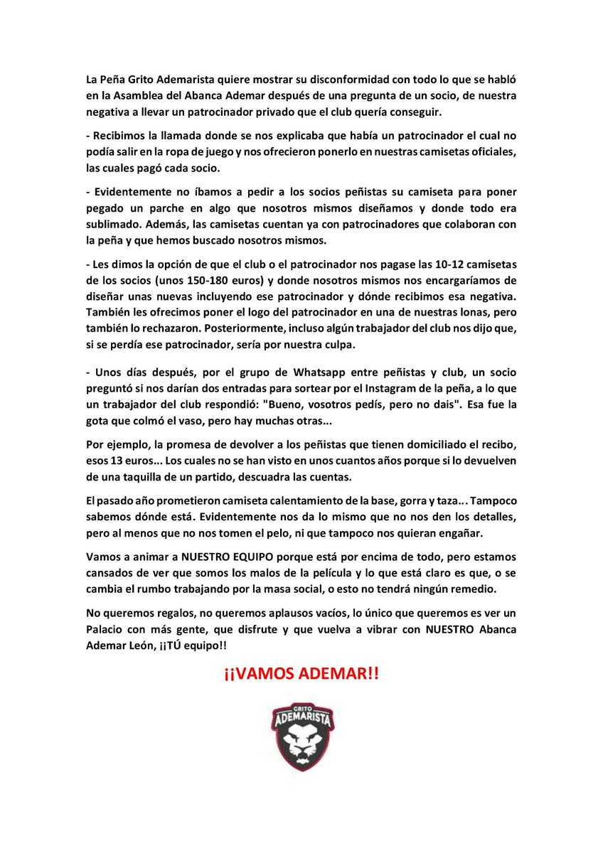 🔴 COMUNICADO GRITO ADEMARISTA 🔴

#Vamosademar #RugeLeon #aluchar #siemprecontigo #nuncacaminarassolo #leonesp #peñas #balonmano