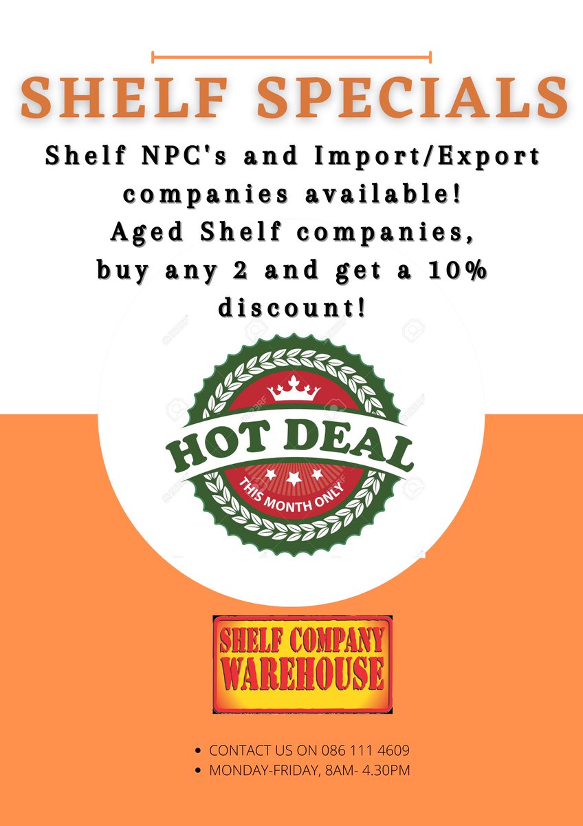 scwkzn's tweet photo. Shelf Companies available at your request! #VAT #NPC #Aged #importexport. Call us today to enquire! https://t.co/DXUQ3jVES3