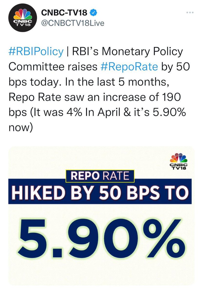 GrowthnextC's tweet photo. #BIPolicy | RBl's Monetary Policy
Committee raises #RepoRate by 50 bps today. In the last 5 months,
Repo Rate saw an increase of 190 bps (It was 4% In April & it's 5.90% now.
#GrowthNEXT #RBImonetarypolicy https://t.co/zS9LDk3pzr