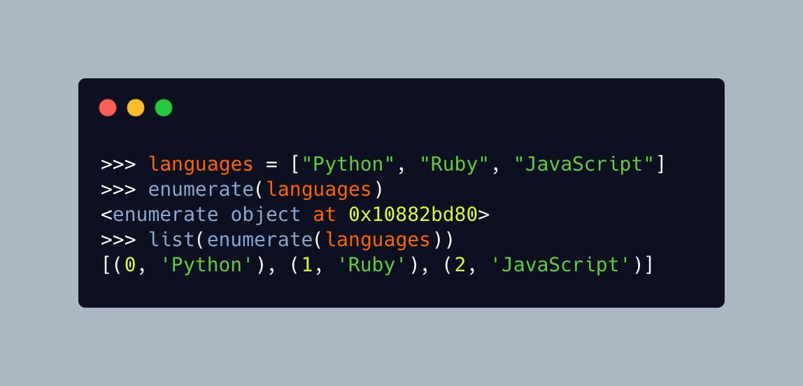 driscollis's tweet image. #Python's built-in `enumerate()` function is super cool! 🐍😎
Here are a couple of different ways you can use it: