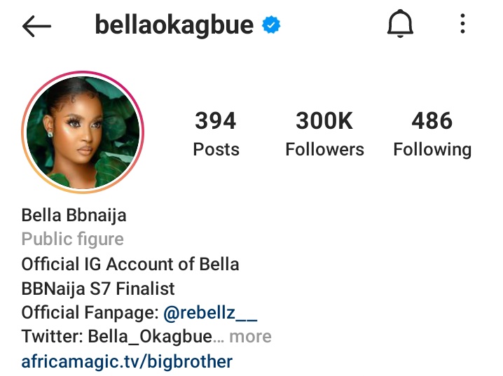 300k IG rebellz⚡⚡
Verified on IG
On her way to winning the grand prize

Rebellz celebrate this grace by pumping in those votes👏👏
#BBNaija #VoteBella #BellaOkagbue𓃵